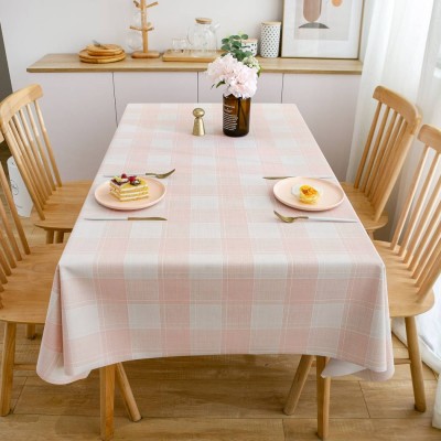 Plastic Tablecloth With Pink Color Grids Pattern Table Covering For Home Use